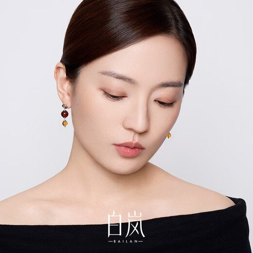 Bai Lan double amber earrings for women, amber 925 silver earrings, niche temperament, exquisite and elegant birthday gift for wife, dark amber earrings