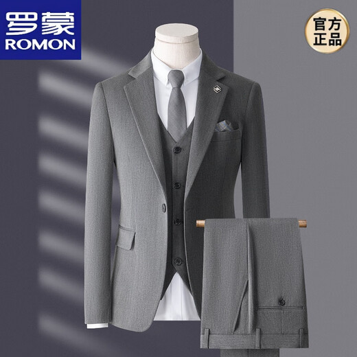 ROMON high-end suit men's three-piece Korean style slim business casual suit groom's wedding dress black top + pants shirt tie M