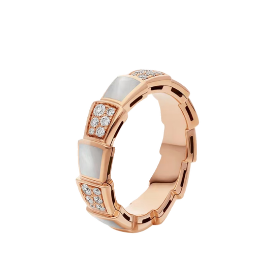 OINE 18K gold snake bone ring V gold inlaid with mother-of-pearl, rose gold, anti-fading, full of diamonds, niche design, exquisite and fashionable, white mother-of-pearl (wide version) No. 5