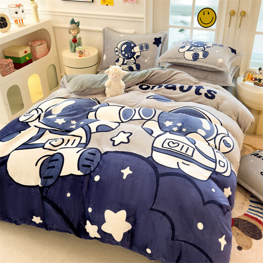 SpongeBob SquarePants milk velvet bed four-piece set for home new winter coral duvet cover bedding single children's three-piece set Space Xiaoshuai comfortable and soft bed sheet style 1.8 four-piece set-quilt cover 200x230