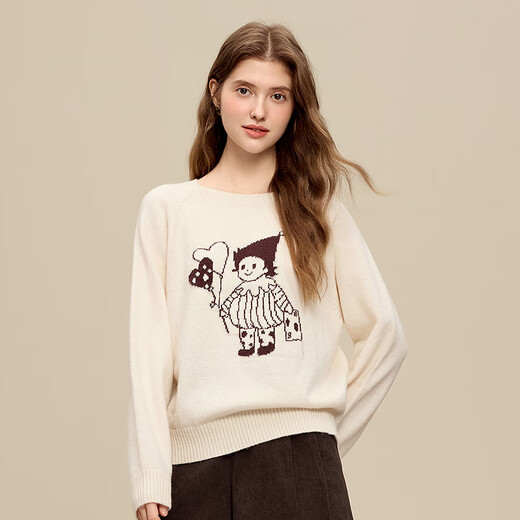 Betu Women's 2025 Winter New Sweater Fun Pattern Round Neck Simple Slim Top Women 2511T52 Light Apricot M