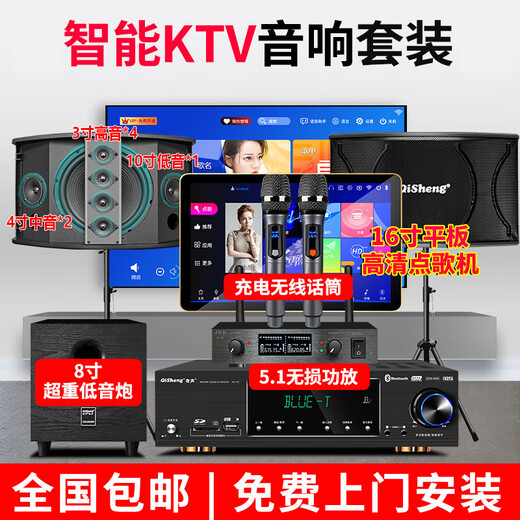 Qisheng family ktv audio combination set theater karaoke machine professional karaoke speaker singing complete set of equipment home stage conference living room TV karaoke all-in-one jukebox professional ten-inch card package desktop 7-piece set + cannon