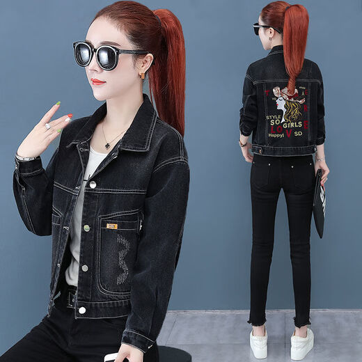 Shang Yuqing retro brown denim short jacket 2025 early autumn denim jacket for women 2025 spring and autumn new denim jacket Korean wide 9901# embroidered sequin blue S code recommended 80--100Jin [Jin equals 0.5 kg]