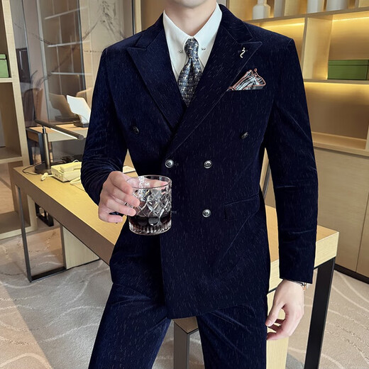 Jason's Corduroy Suit Men's Business Formal Double-breasted Autumn and Winter Thickened Jacket High-end Fashion Brand Casual Suit Set Navy Blue (Suit + Pants) 4XL