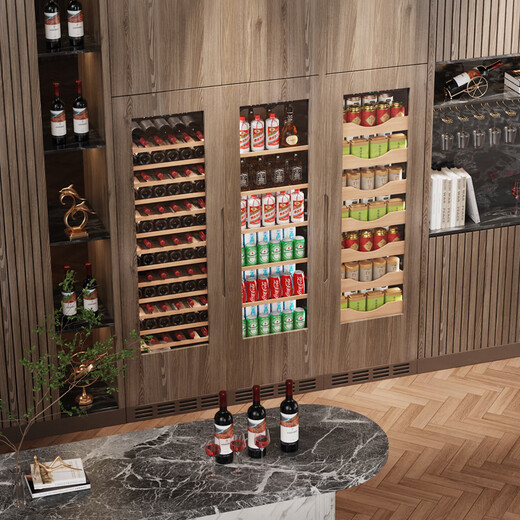 BAIKAILUN seamlessly embedded wine cabinet custom door refrigerator cabinet fully hidden beverage tea cabinet thermostatic cabinet fully embedded ice bar thermostatic wine cabinet light luxury home refrigerator multi-function display cabinet first-level energy efficiency | single temperature | ice bar style 150L custom cabinet door