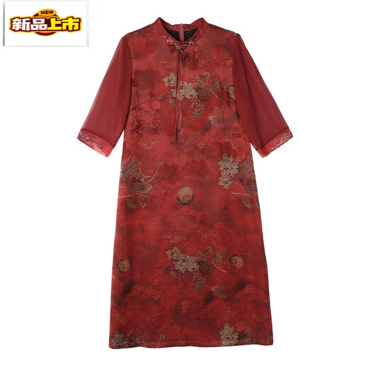 初径香云纱连衣裙新款喜婆婆婚宴装日常可穿高贵年轻礼服改良旗袍 红色 JY-9901 L