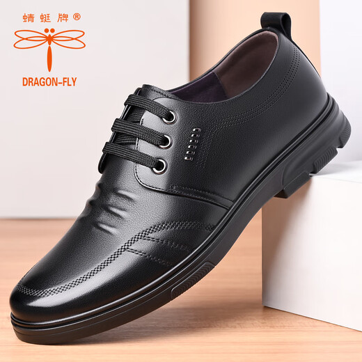 Dragonfly brand men's leather shoes new top layer cowhide soft sole soft leather casual shoes versatile breathable wear-resistant formal business men's shoes black lace-up style 39