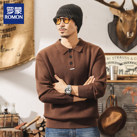 Luo Meng American retro Henry collar sweater men's autumn and winter new trendy loose casual old money style men's sweater jacket coffee color L suitable for 125-145Jin Jin equals 0.5 kg