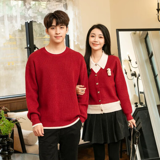 BUBBLE ORANGE Spring Festival family portrait, parent-child outfit, autumn and winter sweaters, western style mother and daughter, family of three or four, red sweater, high-end mother and child, men's round neck/women's cardigan 110, girl size 110 (recommended weight 35Jin Jin is equal to about 0.5 kg)