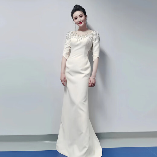 Seasonal host dress for women, high-end light luxury, white fishtail heavy industry banquet, dignified and atmospheric performance costume, slim annual party, picture color 2XL
