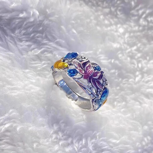 QMXD ring for women burned blue enamel to attract wealth and transfer koi lotus retro style national trend Han costume accessories niche trend opening ring + exquisite gift box