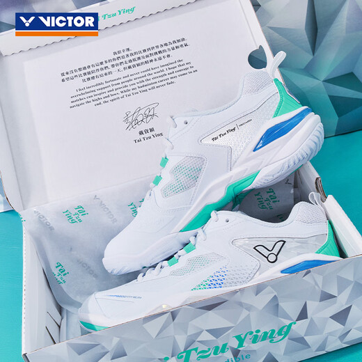 Zapatos de bádminton VICTOR Zapatos deportivos antideslizantes resistentes al desgaste para hombres y mujeres Zapatos de bádminton Victory Zapatos de competición Dai Ziying que absorben los golpes P9200TTY NLite AR blanco/blanco verde agua nuevo estilo 40.5