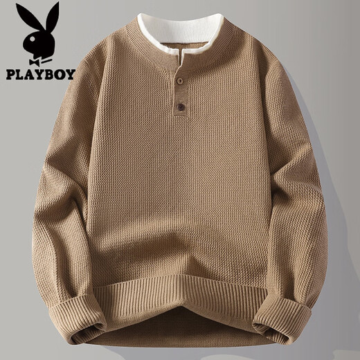 Playboy (PLAYBOY) heavy fake two-piece sweater for men winter 2025 American retro sweater thickened warm henley collar sweater jacket light gray XL
