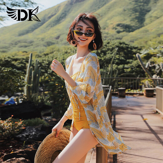 DK one-piece swimsuit for women 2025 new hot style high-end seaside hot springs dark yellow (with blouse) M