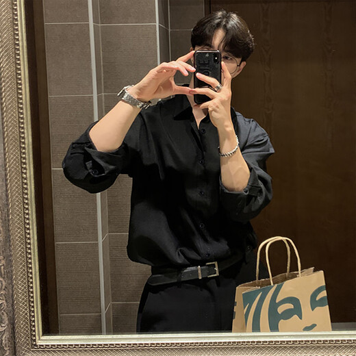 Мужская рубашка Kennedy, высококачественная внутренняя одежда с длинными рукавами, летнее весеннее и осеннее пальто, свободная рубашка из ледяного шелка, черная - с длинными рукавами, слегка эластичная, свободная - рубашка 2XL 170CM-178CM