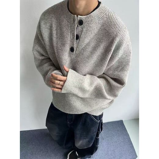 She Man Lai Sweater Men's 2024 Autumn and Winter New Gray American Retro Henley Collar Lazy Style Cleanfit Sweater Men Gray XL