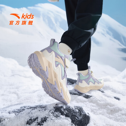 ANTA children's cotton shoes for girls and boys 2025 winter plus velvet warm knob buckle snow non-slip mountain and river high-top cotton boots recommended by the store manager Yuwuqing/Ivory White/Poplar Purple-5 39 Inner length of the shoe 24.5cm