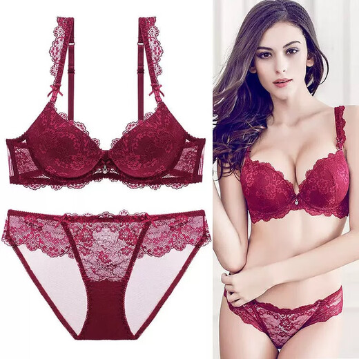 Victoria Palace Sexy Bra Set Red Bra Underwear Small Breast Gathering Lace Adjustable Breast Reducing Bra Set Burgundy 38/85C