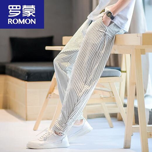 罗蒙（ROMON）夏季中国风男装棉麻九分裤男士条纹裤子亚麻裤男宽松大码束脚裤男 983白色 L 115-130
