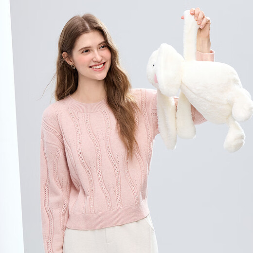 Betu Women's 2025 Winter New Sweater Round Neck Drop Shoulder Sleeves Simple Slim Pearl Decorated Top 2510X10 Pink M