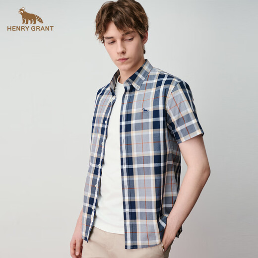 HENRY GRANT Henry Grant 2025 spring and summer short-sleeved British casual shirt men's short-sleeved khaki blue plaid shirt Khaki (QTC242130U311) 46 (170/88A)