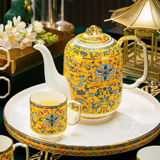 Hanming Jingdezhen Enamel Tea Set High-end Housewarming Gift Ceramic Teapot Water Cup Living Room Household Cup Set High-end Bone China Tea Set 8-piece Gift Box