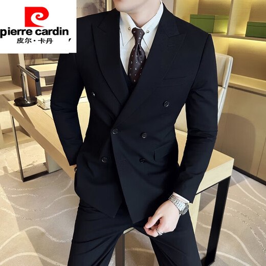 Pierre Cardin Groom Wedding Double-breasted Suit Men's Suit British Style Business Casual Formal Wear Master of Ceremony Groomsman Suit Three-piece Suit Black (Double-breasted Suit) 2XL