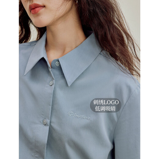 Inman casual embroidered shirt 2026 autumn women's new design lapel long-sleeved shirt gray blue XL
