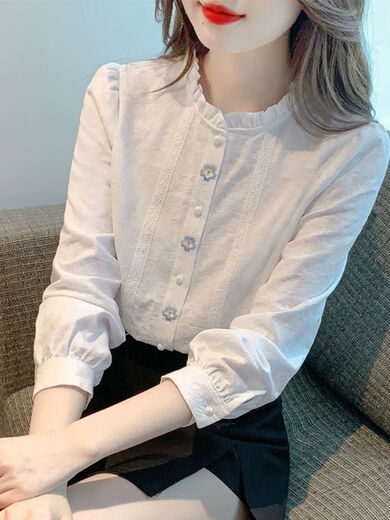 Ling Yue fungus collar pure cotton long-sleeved shirt women's autumn 2025 new fashion age-reducing jacquard inner bottoming shirt top fashion white L recommended 105-114 Jin Jin equals 0.5 kg
