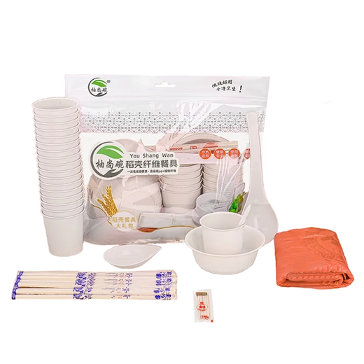 Food-grade rice husk disposable tableware set, bowls, chopsticks, spoons, cups, plates, tablecloths, eco-friendly dinner party for ten people, gift pack, 8-piece set for 10 people