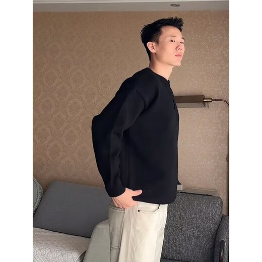 Japanese vintage Henry collar sweater for men and women autumn sweater business style bf retro pullover button knitted light gray M