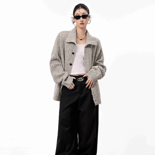 ICH MODE American old money style lapel knitted cardigan women's autumn and winter lazy sweater jacket loose top light gray S