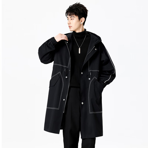 JEEP SPIRIT Jeep mid-length velvet thickened windbreaker men's hooded coat autumn and winter over-the-knee cape coat black 2XL