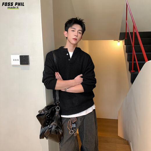 Foss Phil sweater men's autumn and winter solid color Henry collar casual pullover sweater top men MZ0051 black XL