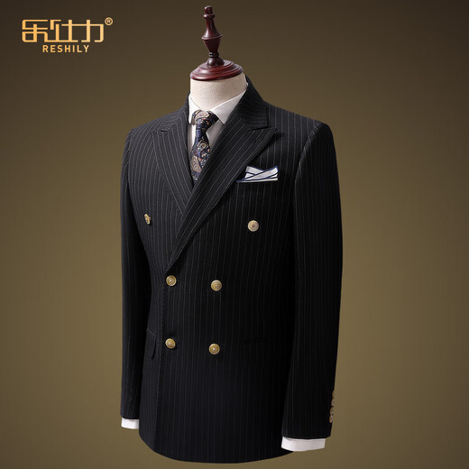 Leshili casual suit suit for men, high-end wool double-breasted striped slim business suit, groom's wedding dress, wool gray and black stripes, jacket + pants, 175/L 50 size, default 32 size pants