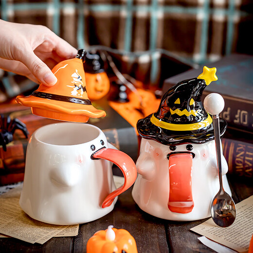 Jingdongjia Halloween gift, cute and funny ghost mug, Halloween company gift gift, girlfriend’s birthday gift, orange hat ghost mug + portable gift box + spoon