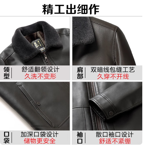 花花公子（PLAYBOY）爸爸冬装外套中年加绒加厚皮衣服男中老年人皮毛一体皮夹克 黑色 M 170/84A适合80-100斤