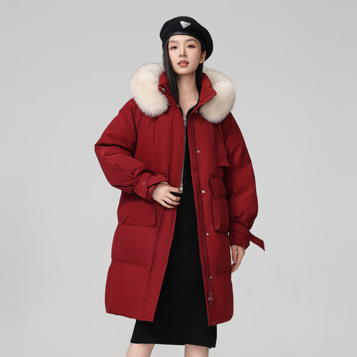 
Snow Zhongfei [Cheng Yi recommended] Fashionable fox fur collar cross ribbon warm big fur collar windproof women's down jacket Cangyanhong 1696 S 160/84A