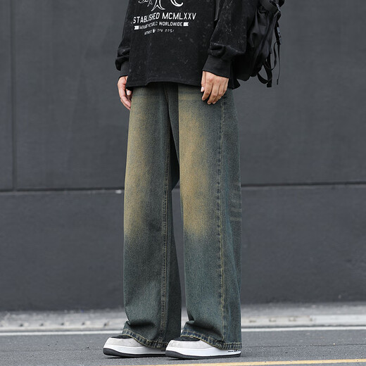 JEEP SPIRIT Men's Washed Distressed Jeans Boys Straight Leg Loose 2025 New Drapey Wide Leg Pants Men's Autumn and Winter 1047 Nostalgic Color XL