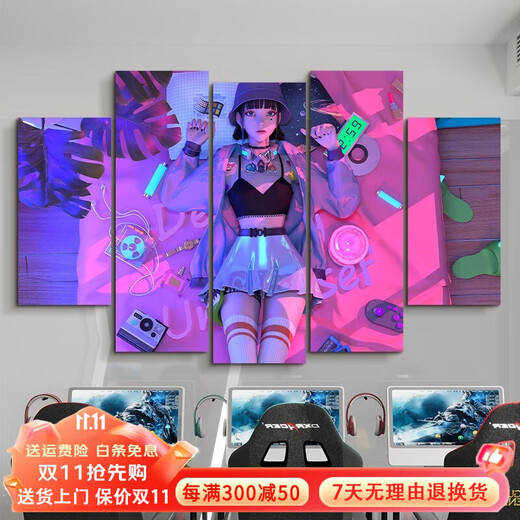 Cyberpunk hanging painting Internet cafe bar background wall decoration bedroom wall mural e-sports hotel room decoration painting C32AZ37-01 20*40cm*2+20*60cm*3 cloth film