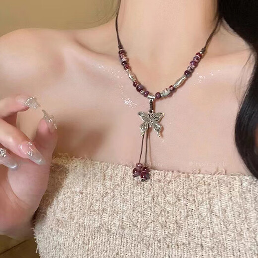 Bai Qixin New Chinese Style Necklace Butterfly Ethnic Style Ceramics Ancient Style Women's Hanfu Cheongsam Accessories Sweater Chain Pendant Literature and Art New Chinese Style Butterfly Necklace Imperial Concubine Zui