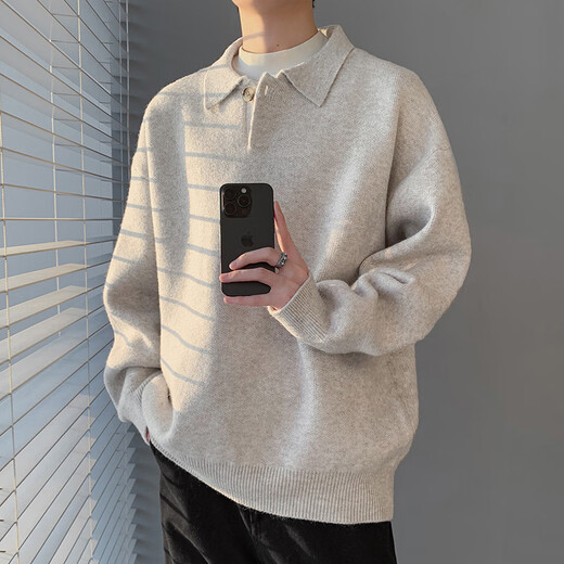 Pull back new product lazy style lapel sweater men's autumn and winter 2025 new loose casual old money style Henry collar sweater Chenguang Apricot L