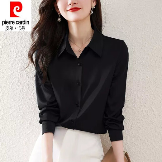 Pierre Cardin heavyweight acetate silk long-sleeved shirt for women 2026 spring and autumn new style versatile solid color mulberry silk shirt for women dark blue L 100-110Jin Jin equals 0.5 kg