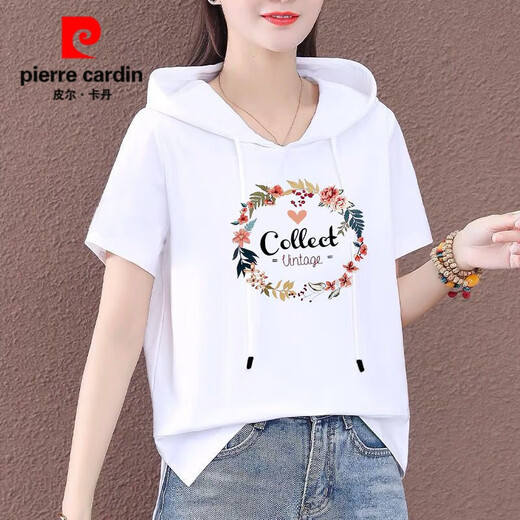 Pierre Cardin Kapuzen-T-Shirt Damen Kurzarm 2025 Sommer New Age Reduzierendes Schlankheits-Halbarm-loses koreanisches Sweatshirt für Damen Weiß-695 2XL empfohlen 125-135 Jin Jin entspricht 0,5 kg