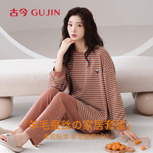 Ancient and modern DeRong wool silk moisturizing women's pajamas women's autumn and winter long-sleeved trousers warm home wear set L