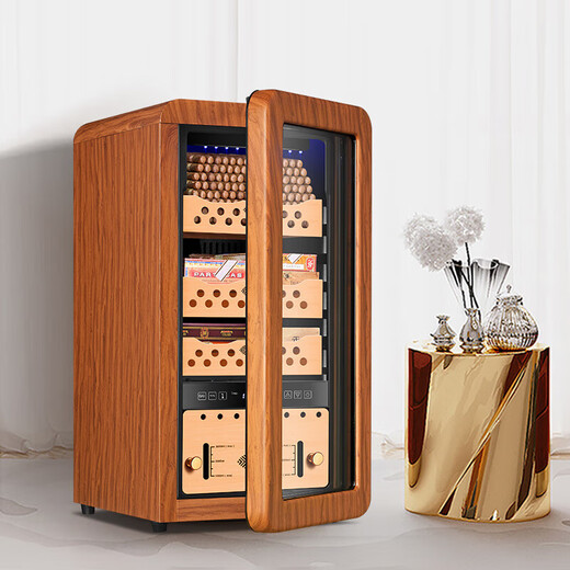 CIGARLOONG 48HC cigar cabinet, constant temperature and humidity, Spanish cedar wood shelf, naked alcoholized activated carbon, ammonia removal, curved, small household silent inverter compressor cigar humidifier, 48HC rosewood grain, cedar wood shelf + curved + constant temperature and humidity cigar cabinet