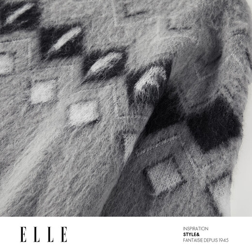 ELLE sheep wool mohair retro jacquard sweater for women 2025 winter new loose lazy sweater medium gray L