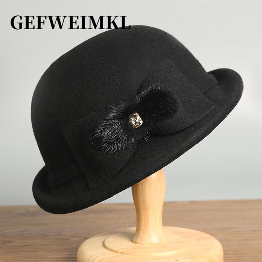 GEFWEIMKL Merino Wool Bucket Hat Women's Autumn and Winter New French Furry Bow Fashion Elegant Top Hat Women Black Adjustable (56-58cm)
