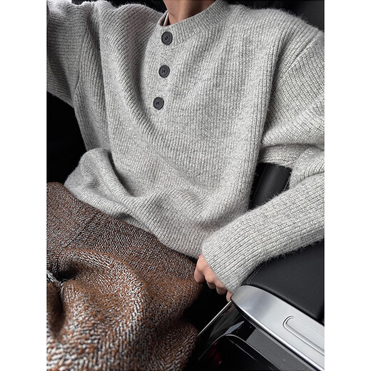 Jing Sa heavyweight thickened loose outer sweater men's autumn and winter retro lazy old money style inner Henry collar sweater men's trendy gray XL