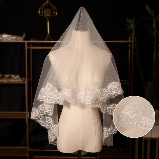 Veil main wedding dress super fairy style photo studio shooting props double layer white simple bridal wedding lace headdress white lace lace veil single layer about 1.4 meters 1 piece
